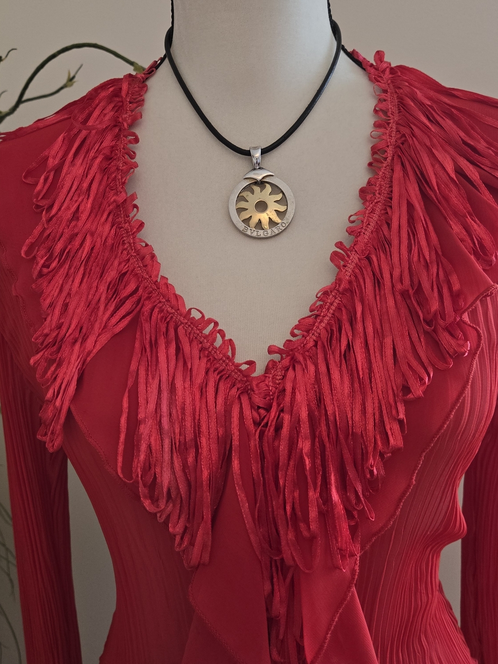 Red Ruffle-Trim V-Neck Blouse - Picture 6 of 11